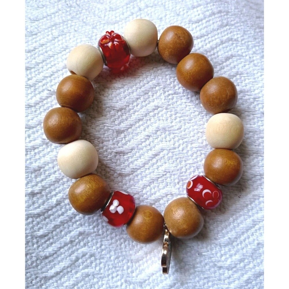 Mix Bead Wood Bracelet  Unisex Adjustable 7.5 Inches